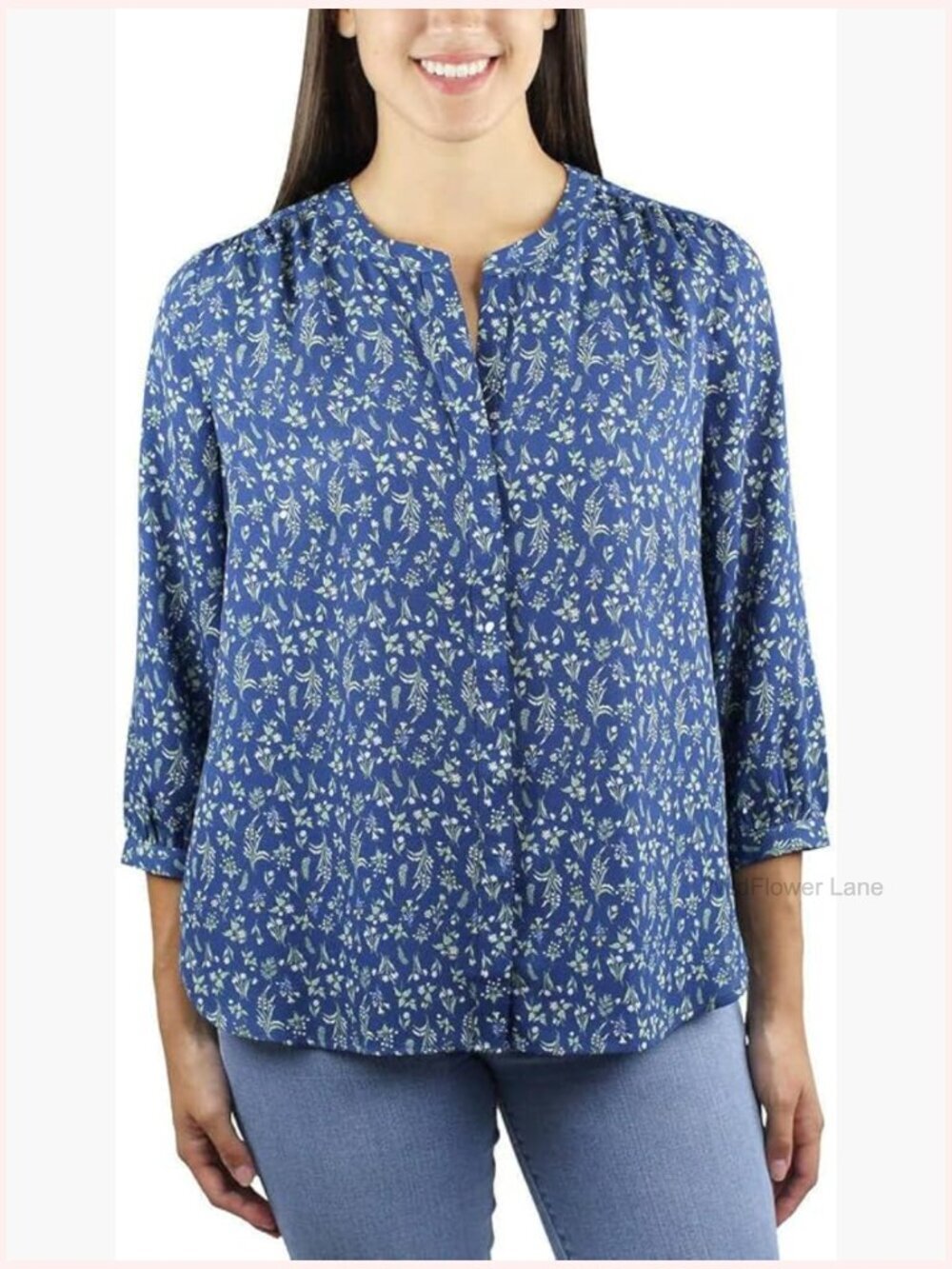 Hidden Button Floral Blouse - 3/4 Sleeve Notch Neck